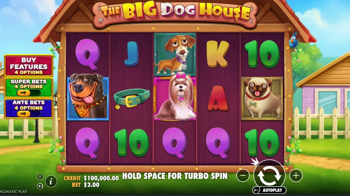Tampilan visual slot The Big Dog House dengan tema anjing yang ceria