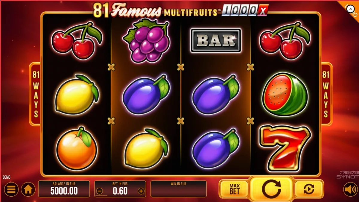 Tampilan mesin slot 81 Famous Multifruits 1000 dengan simbol buah dan neon